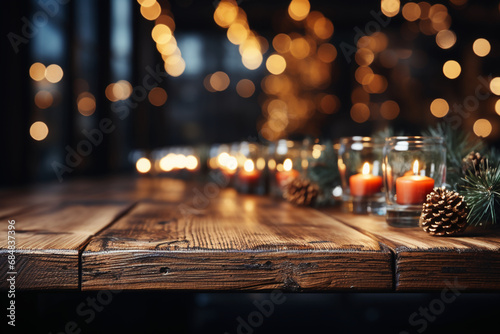 Empty wooden table with christmas theme in background. AI generative