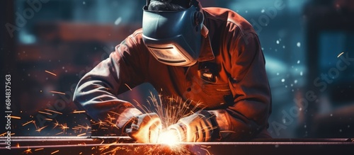 A welding worker is cutting iron with a spark in the workshop