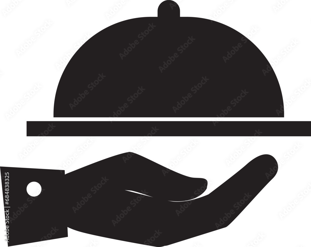 illustration of a waiter icon delivering food using a tray, a serving hood hand icon illustration of a waiter icon delivering food using a tray, a serving hood hand icon
