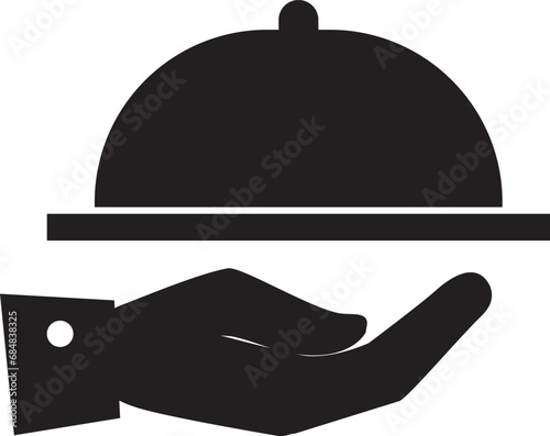 illustration of a waiter icon delivering food using a tray, a serving hood hand icon