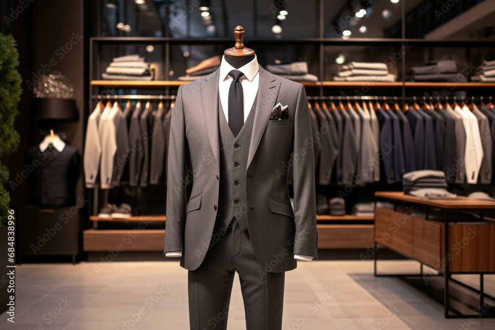 Clothing store ambiance Luxurious mens suit sophisticated store - obrazy, fototapety, plakaty 