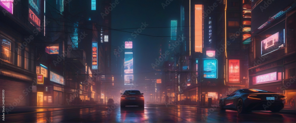 cyberpunk-inspired cityscape at night, with neon lights and holographic advertisements glowing brightly. Use a wide-angle lens and a cool color palette to evoke a sense of mystery and intrigue