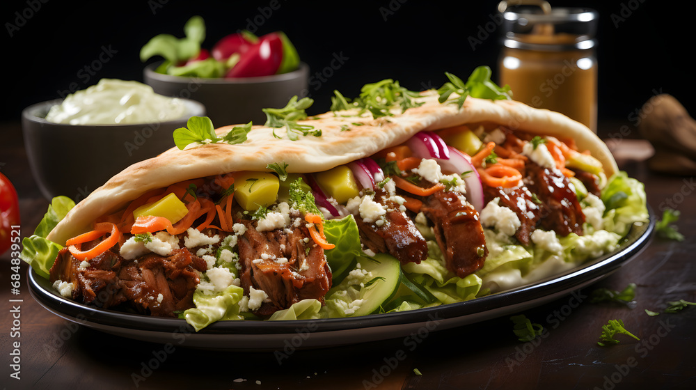 Delicious gyros fast food in flatbread, lettuce, tomatoes, onions, rolled, isolated