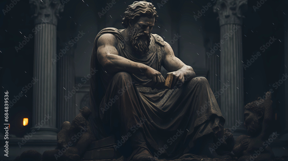 Greek philosopher in the form of a robust Greek statue sitting in a Greek palace. - obrazy, fototapety, plakaty 