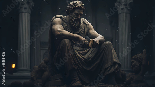 Greek philosopher in the form of a robust Greek statue sitting in a Greek palace. photo