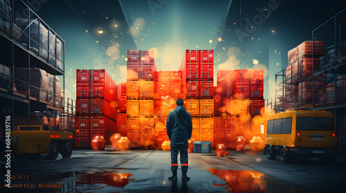 Hazardous substance concept safety officer pointing on explosives icon dangerous goods group store in chemicals to separate storage area for cargo shipping