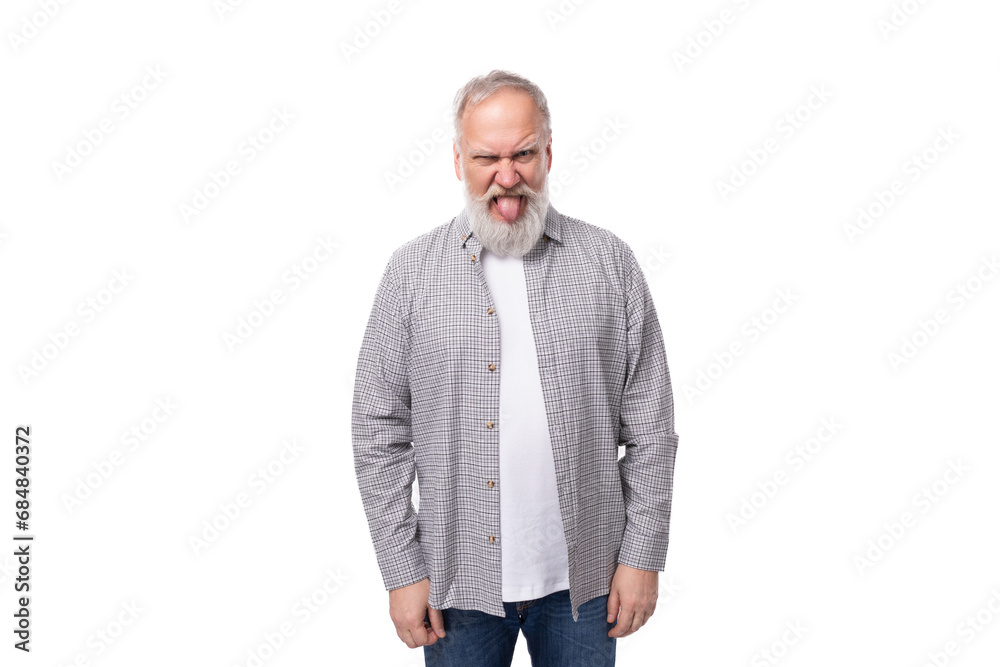 handsome gray-haired elderly man with a beard in a checkered shirt on a white background with copy space
