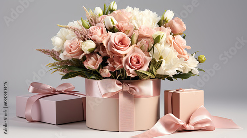 The gift box is in the center of the bouquet, flowers surround it.