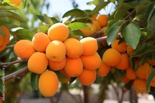 Beautiful apricot tree laden with ripe fruits in a serene and picturesque orchard setting