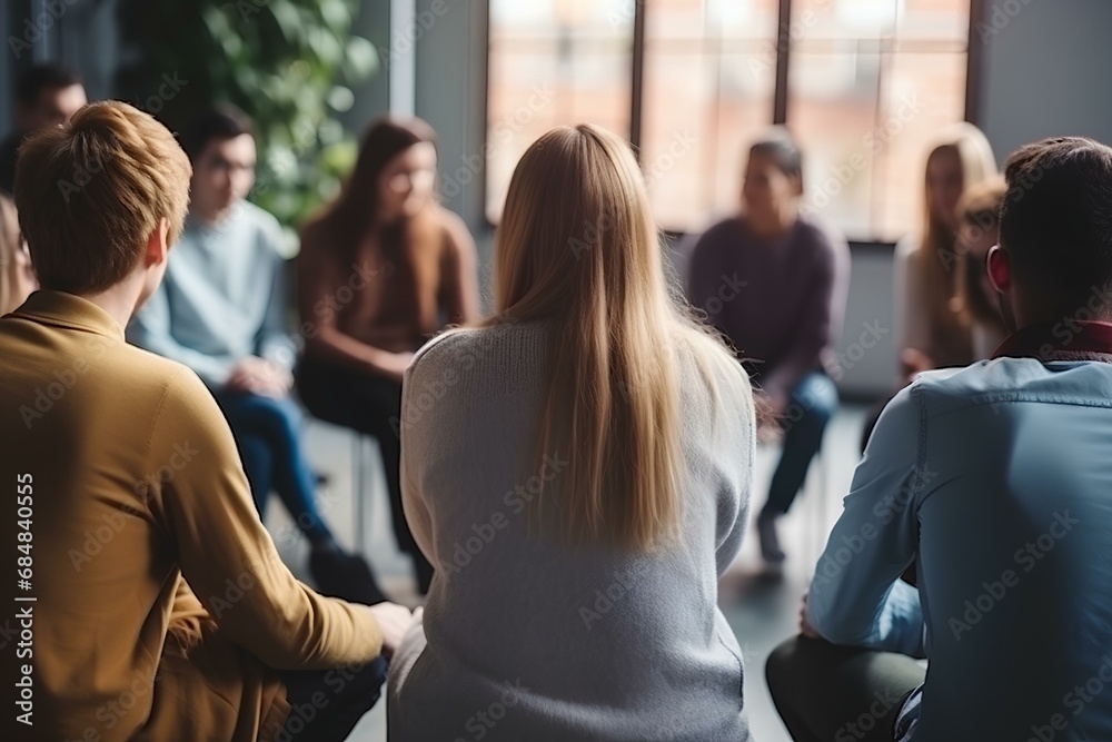 Meeting of young people in group therapy supporting each other at community center. Help and support concept. generative AI Meeting of young people in group therapy supporting each other at community center. Help and support concept. generative AI