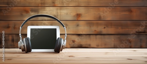 Headphones on wooden desk with tablet. photo