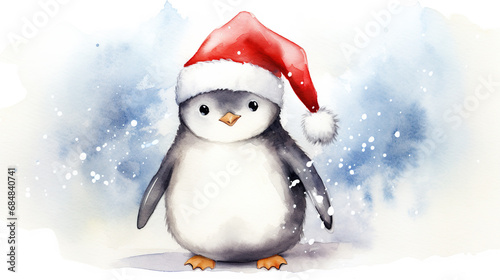 Watercolor painting of happy adorable baby penguin wearing Santa hat for christmas festival.