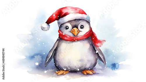 Watercolor painting of happy adorable baby penguin wearing Santa hat for christmas festival. © Tepsarit