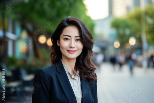 Portrait of young beautiful Asian businesswoman in elegant suit. Business woman professional corporate worker,office manager, entrepreneur standing in street outdoors
