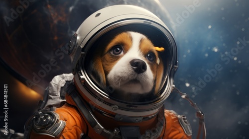 Beagle in spacesuit exploring the depths of space photo