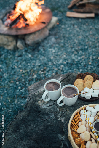 Marshmallows for roasting on a tray with campfire on the background.