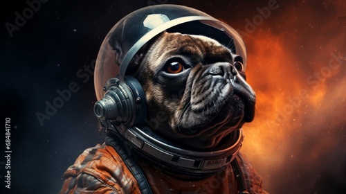 French bulldog puppy in spacesuit exploring the depths of space