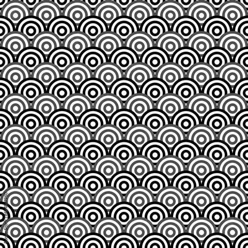 Seamless japanese pattern with scales. Fish scale wallpaper. Asian traditional ornament with repeated scallops. Repeated circles and semicircles background. Vinyl motif. Surface design. Vector art.