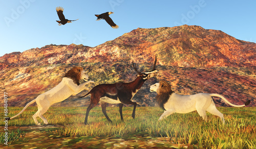 American Lions attack Kyptoceras - Two American Black Vultures watch as American lions attack a Kyptoceras antelope.