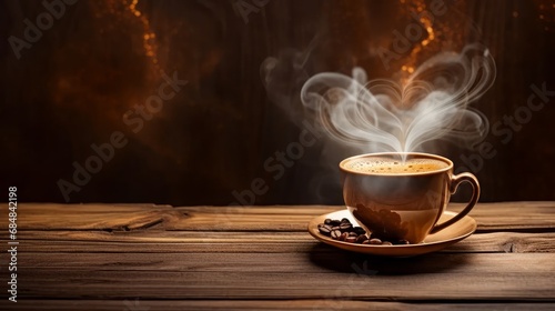 Classic, traditional coffee cup with heart-shaped steam placed on a rustic wooden surface.