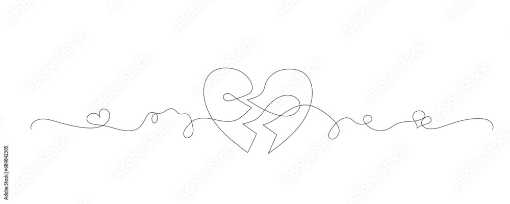 One continuous line drawing of two halves of a heart. Subtle swirls and romantic symbols in a simple linear style. Editable stroke. Minimalistic Doodle vector illustration. One continuous line drawing of two halves of a heart. Subtle swirls and romantic symbols in a simple linear style. Editable stroke. Minimalistic Doodle vector illustration.