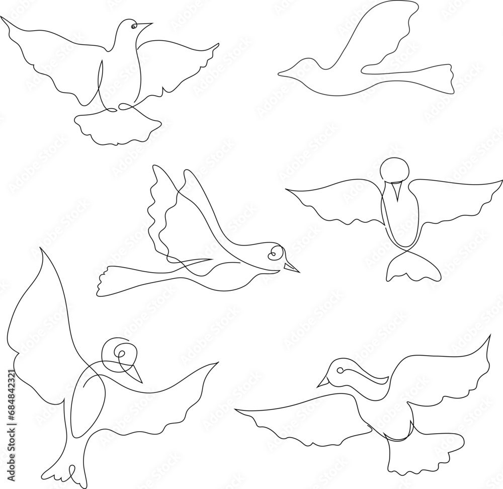 Obraz premium Hand drawn line art doves vector logo set (sign, symbol, icon, illustration).