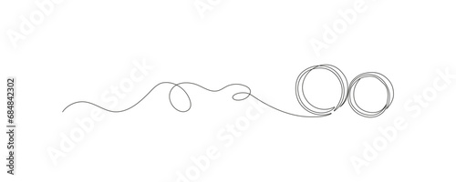 One continuous line drawing of two wedding rings. Subtle swirls and romantic symbols in a simple linear style. Editable stroke. Minimalistic Doodle vector illustration.