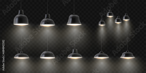 Vector realistic black ceiling lamps set. Different shapes and sizes interior lighting. Hanging lamps isolated on transparent background. photo