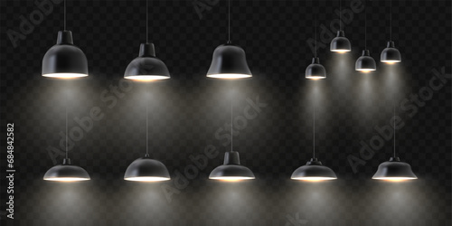 Vector realistic black ceiling lamps set. Different shapes and sizes interior lighting. Hanging lamps isolated on transparent background.