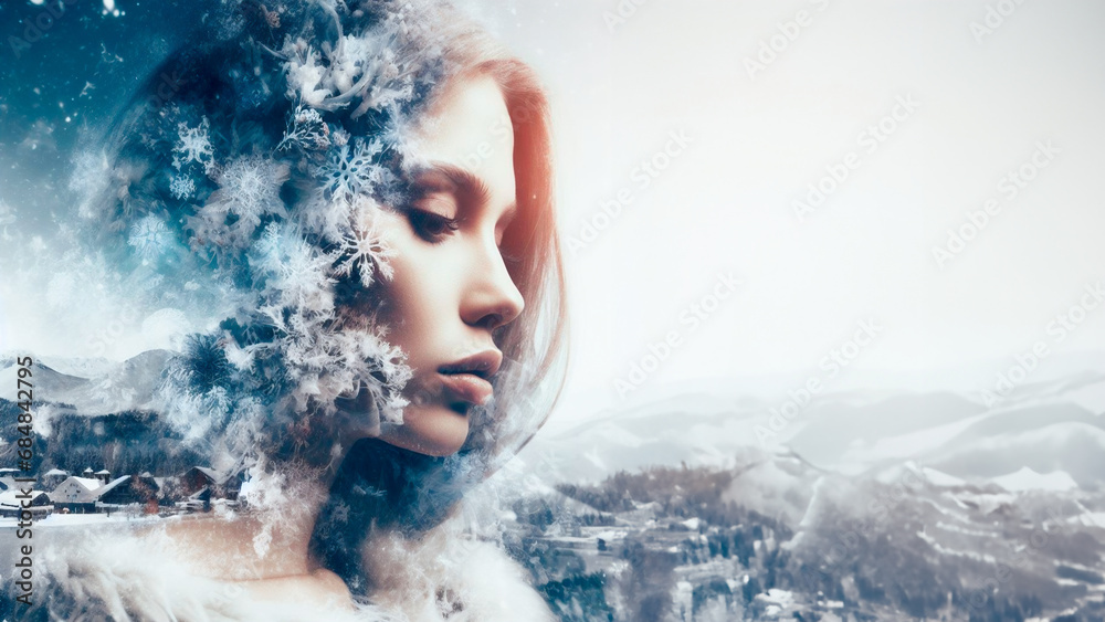 Symbolic profile portrait of a winter girl, double exposure. - obrazy, fototapety, plakaty 