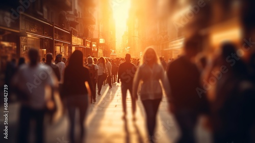 Blurred crowd of unrecognizable at the street at sunset. crowd of people in a shopping street © Boraryn