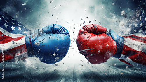 Red versus blue boxing gloves. USA politics background. Republicans vs Democrats debate  photo