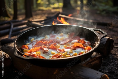 Camping breakfast with bacon and eggs in a cast iron skillet. Fried eggs with bacon in a pan in the forest. Food at the camp. Scrambled eggs with bacon on fire. 