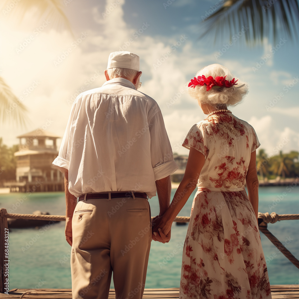 Concept of love language with warm vibe. Close up at hand of elder couple wrap around their waist beside lake or sea background.