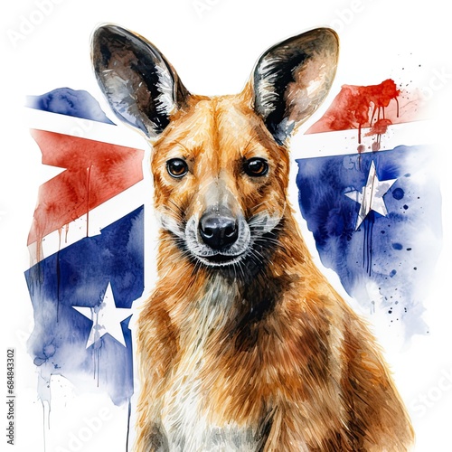 Watercolor illustration kangaroo and Australian flag on Australia National Day photo