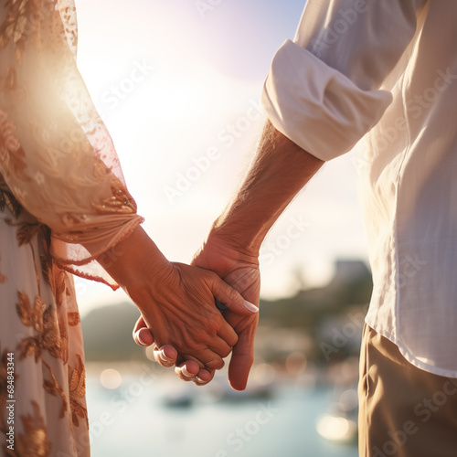 Concept of love language with warm vibe. Close up at hand of elder couple hold their hand beside lake or sea background.