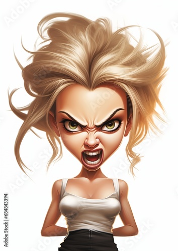 cartoon illustration woman angry face crazed emote blonde girl anger defined totally mad yelling bright head shoot craziness photo