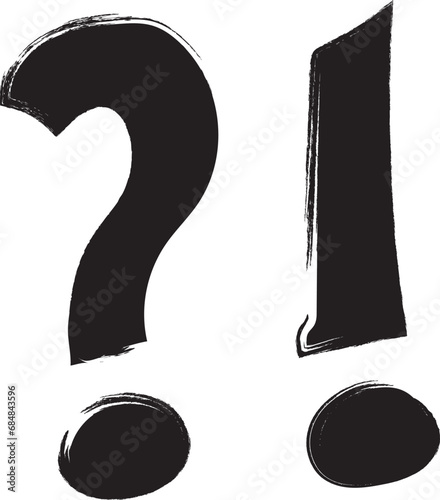 Question mark and exclamation point doodle hand drawn, brush sketch icon, scribble vector sign, grunge ink symbol isolated on white background. Drawing texture illustration