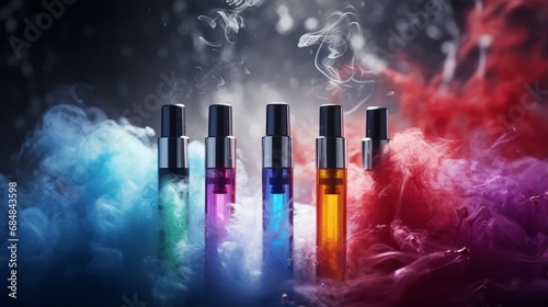 Synthetic nicotine concept. Various disposable electronic cigarettes. modern alternative smoking, vaping and nicotine photo