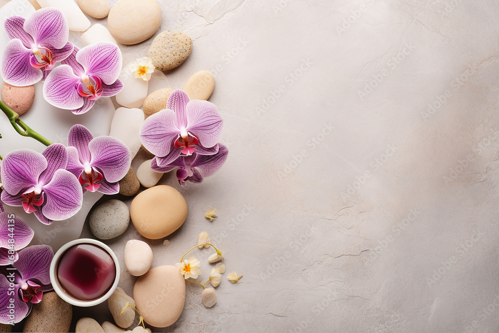 Spa Aromatherapy Background, Flat Lay of Various Beauty Care Products Decorated with Simple Orchid Flowers - Tranquil Wellness Scene - Created with Generative AI Tools Spa Aromatherapy Background, Flat Lay of Various Beauty Care Products Decorated with Simple Orchid Flowers - Tranquil Wellness Scene - Created with Generative AI Tools