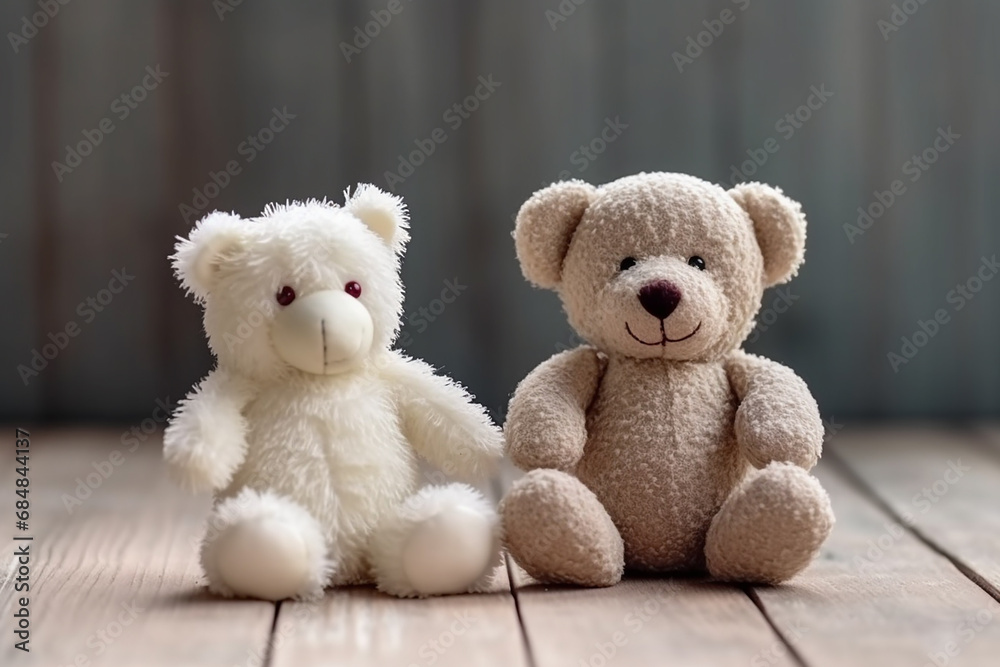 Fototapeta premium Two Cute White Teddy Bears with Heart on Dark Wood Background - Valentine's Concept - Vintage Retro Tone - Created with Generative AI Tools