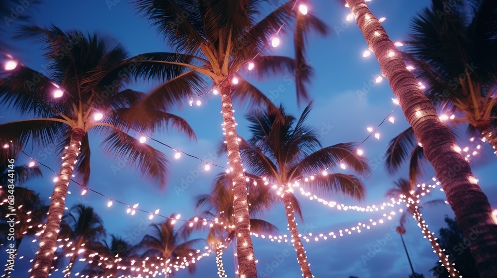 Palm trees decorated with Christmas garland night, fairy lights. lighted coconut by led light bulbs those bind led around the trunk with blue sky on the background - obrazy, fototapety, plakaty 