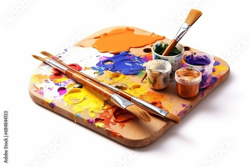 Wooden Art Palette with Paints and Brushes, Isolated on White Background - Softball on Softball Field - Creative Tools and Sports Action - Created with Generative AI Tools