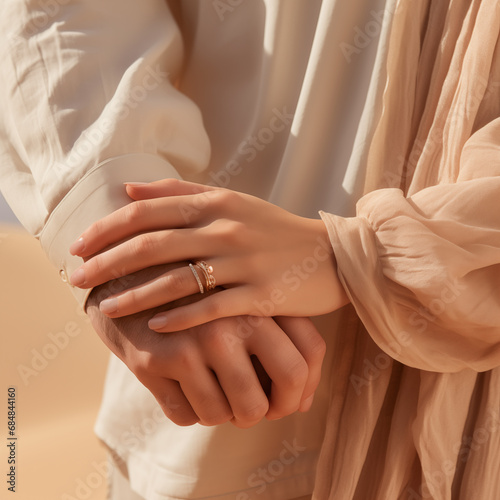 Concept of love language. Close up of a happy couple holding hands. Engagement. Love on beige and desert background. photo