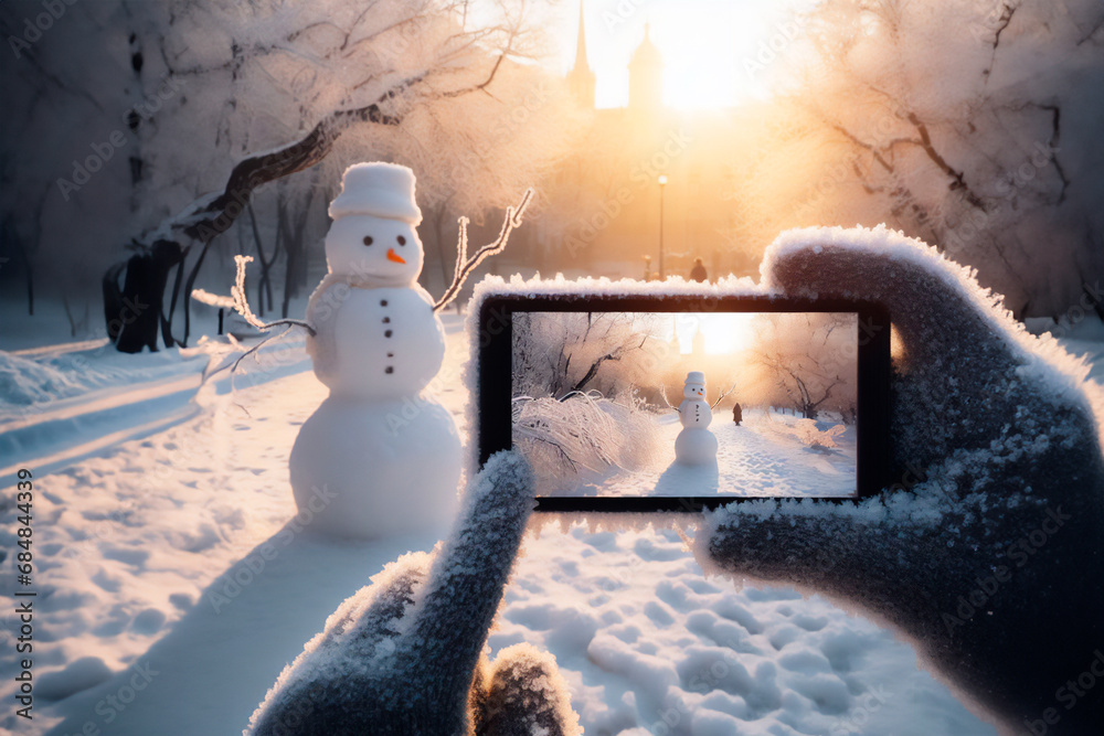A smartphone in the hands of a tourist taking a photo of a friendly snowman in a city park on a frosty winter day. - obrazy, fototapety, plakaty 