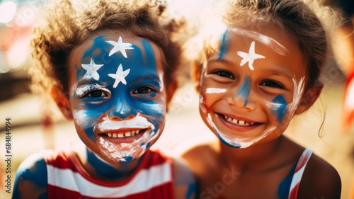 HAPPY CHILD WITH FACE PAINTED WITH FLAG