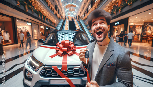 A happy man celebrating winning a new car in a raffle. © SpeedShutter