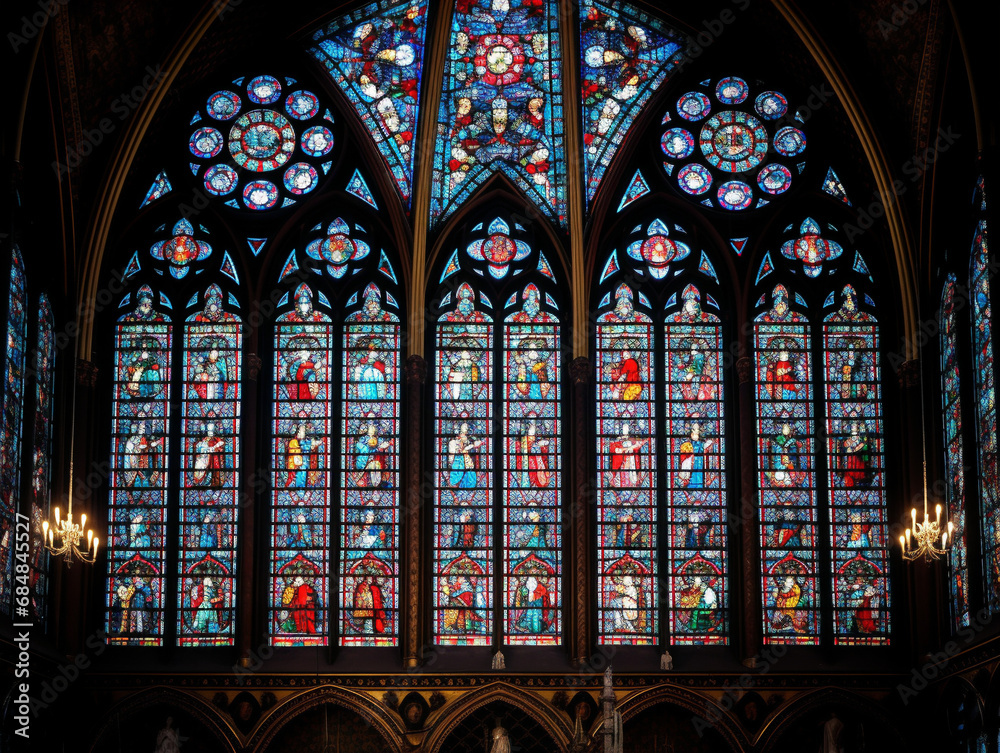 An intricate stained glass window of mesmerizing patterns and colors, filled with elegance and artistry.
