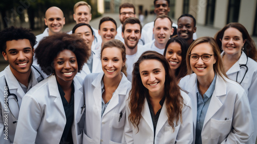 Group of smiling multiethnic doctors in medical gowns standing outdoors