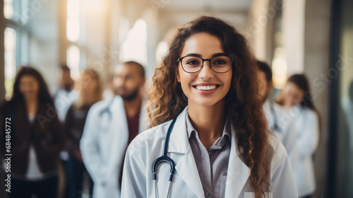 Portrait of a smiling female doctor in eyeglasses standing in front of her team photo